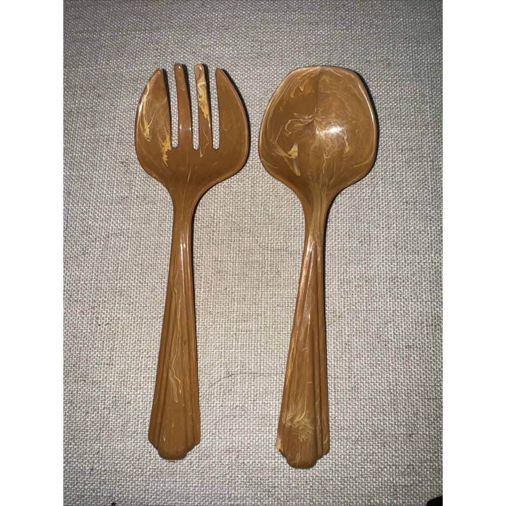 Vintage Imperial USA PlasticServing Spoon‎ And Fork Marbled Butterscotch 8 1/2"